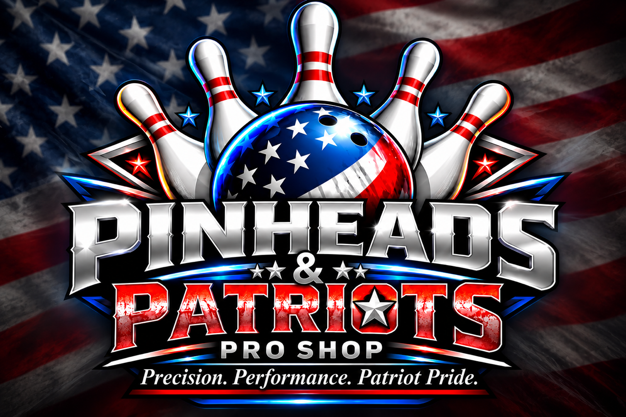 Pinheads & Patriots Pro Shop logo: a stars-and-stripes bowling ball striking five pins over an American flag, with the tagline Precision. Performance. Patriot Pride.